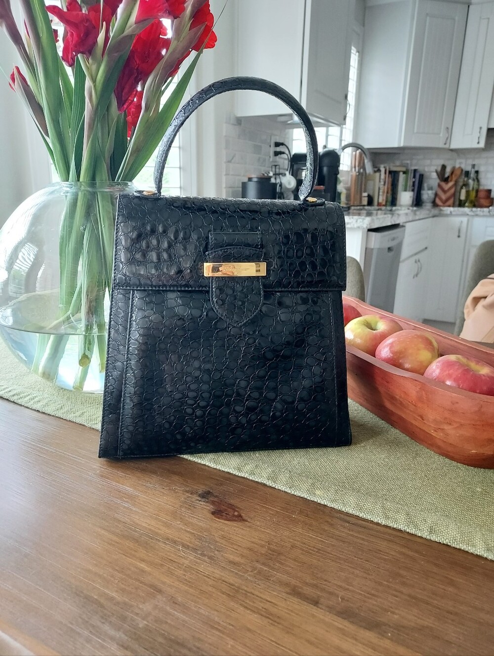 Salvatore Ferragamo Black Croc-Embossed Top Handle Bag with Gold Hardware